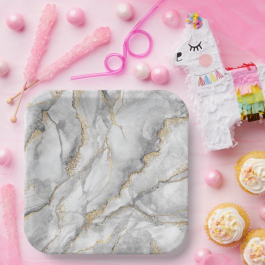 Goud Wit Zilver Marmer  Papieren Bordje (Feest)