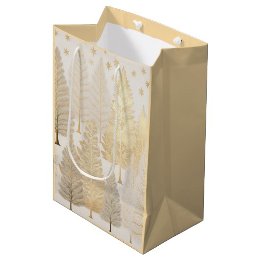 Goud Wit Zilveren Kerstpijnbomen Gift Bag Medium Cadeauzakje (Voorkant Gekanteld)