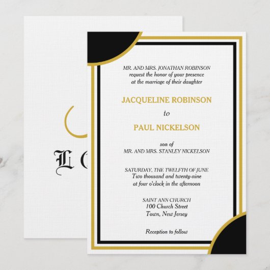 Goud Wit Zwart Monogram Geometrische Bruiloft Kaart (Voorkant / Achterkant)