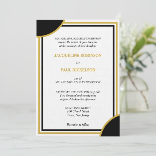 Goud Wit Zwart Monogram Geometrische Bruiloft Kaart (Staand voorkant)