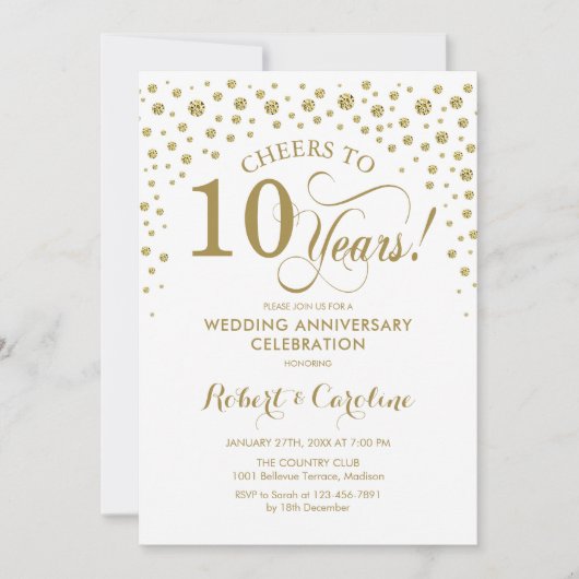 Goud Witte 10e Jubileumfeest Uitnodiging (Voorkant)