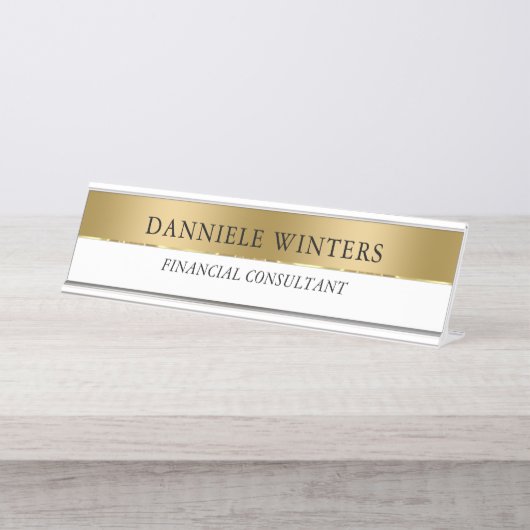 Goud & Witte Achtergrond Zwarte Typografie Bureau Naambordje (Voorkant)
