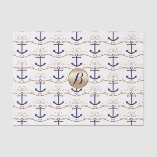 Goud Witte Ankers Scheepvaart Monogram Modern Fees Tissuepapier (Voorkant)