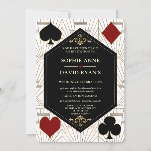 Goud Witte Art Deco Casino QR Code Gatsby Bruiloft Kaart (Voorkant)