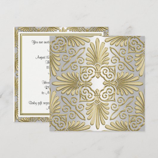 Goud Witte Art Deco Damast Baby Shower Kaart (Voorkant / Achterkant)
