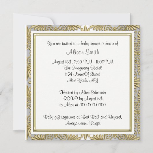 Goud Witte Art Deco Damast Baby Shower Kaart (Achterkant)