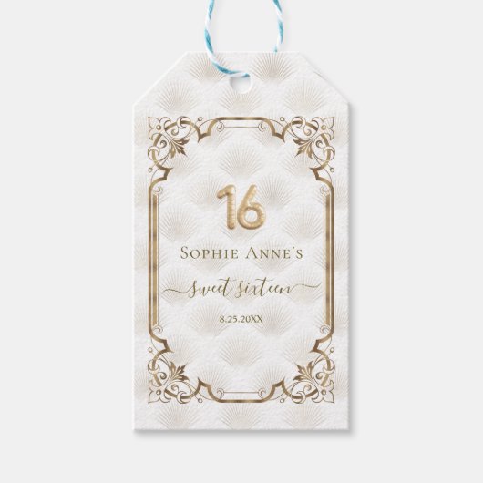 Goud Witte Art Deco Sweet Sixteen Verjaardag Cadeaulabel (Voorkant)