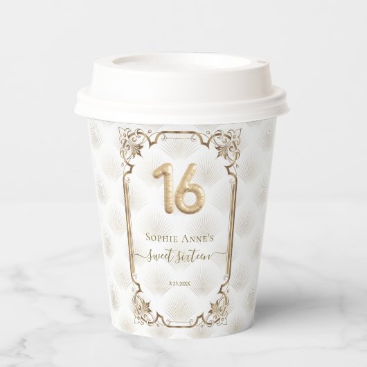 Goud Witte Art Deco Zoete 16e Verjaardag Papieren Bekers (Voorkant)