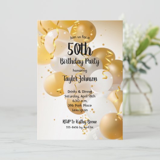 Goud Witte Ballonnen Verjaardagsfeestje Kaart (Staand voorkant)