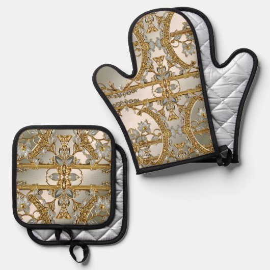 Goud Witte Bloemen Decoratief Ovenwant & Pannenlap Set (Voorkant / Achterkant)