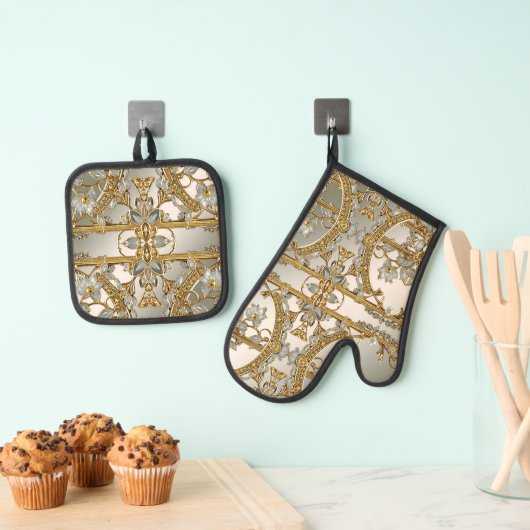 Goud  Witte Bloemen Decoratief Ovenwant & Pannenlap Set (Insitu(Ophanging))
