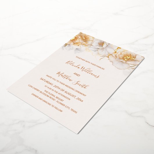 Goud Witte Bloemen Folie Uitnodiging (Gedraaid)