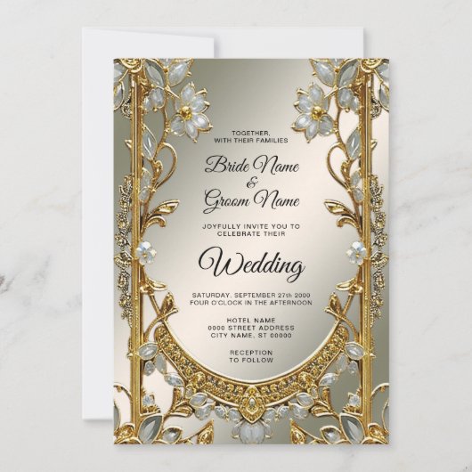 Goud  Witte Bloemen Huwelijksuitnodiging Kaart (Voorkant)