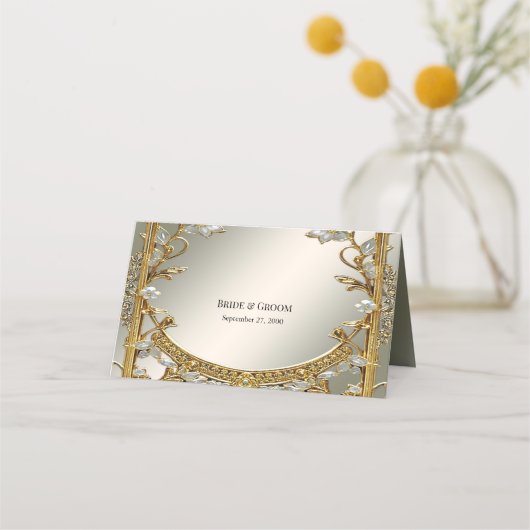 Goud  Witte Bloemen Place Card Plaatskaartje (Achterkant)