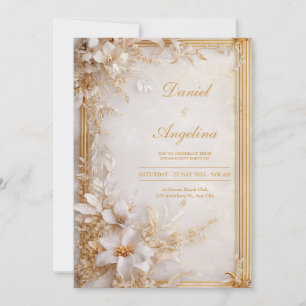 Goud Witte Bloemrijke Marmer Glamoureuze Bruiloft Kaart