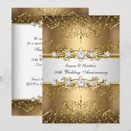 Goud Witte Bloemrijke Spiraal 50ste Huwelijksverja Kaart (Voorkant / Achterkant)