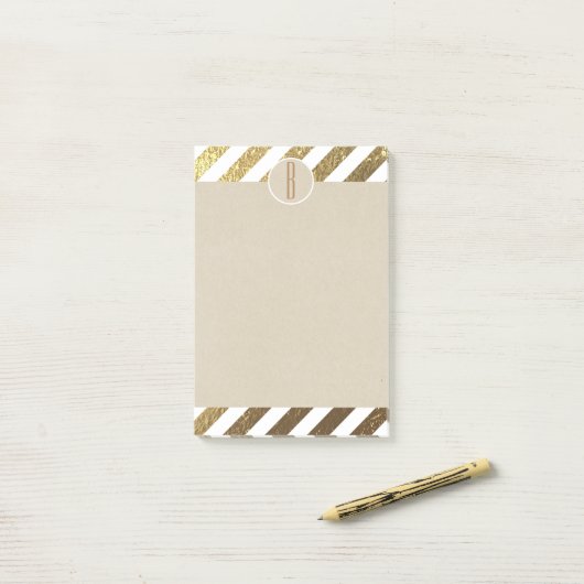Goud & Witte Folie Strepen Kraft Rustiek Monogram Post-it® Notes (Op bureau)