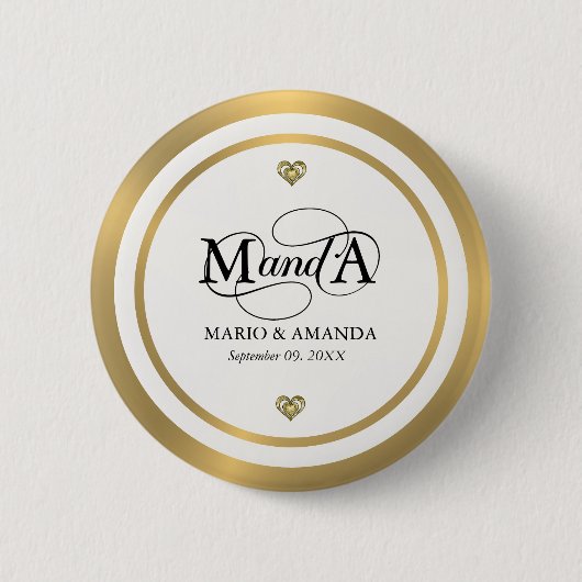 Goud Witte Gepersonaliseerde Trouw Monogram Ronde Button 5,7 Cm (Voorkant)