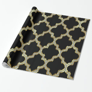 Goud & Witte Glitter Geometrisch Quatrefoil Patroo Cadeaupapier