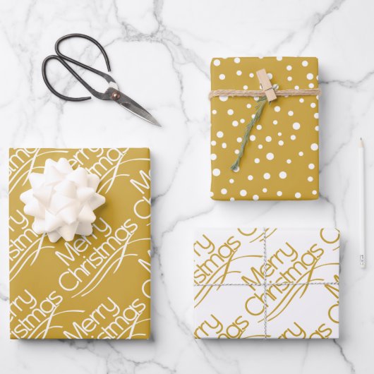 Goud, witte kersttypografie en stippen vakantie inpakpapier vel (Voorkant)