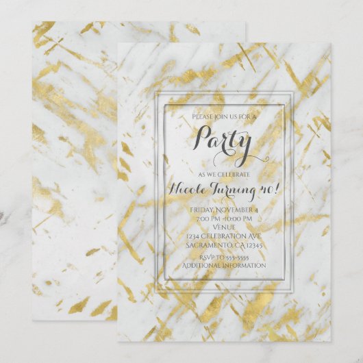 Goud & Witte Marmer Glam Moderne Feest Uitnodiging (Voorkant / Achterkant)