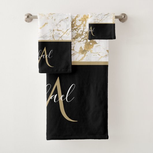 Goud & Witte Marmer met Zwarte Monogram Luxe Bad Handdoek (Insitu)