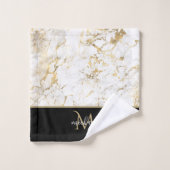 Goud & Witte Marmer met Zwarte Monogram Luxe Bad Handdoek (Wasdoekje)