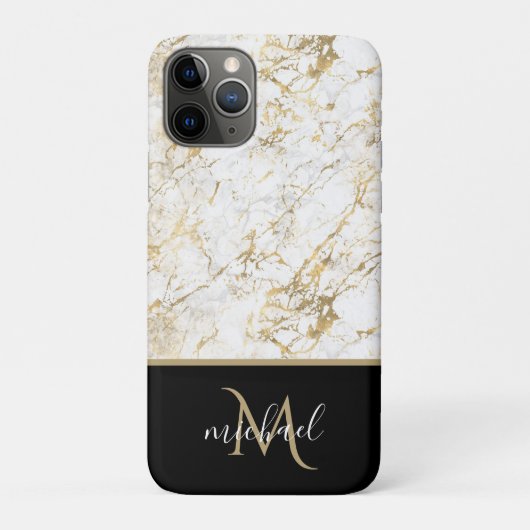 Goud & Witte Marmer met Zwarte Monogram Luxe Case-Mate iPhone Case (Achterkant)