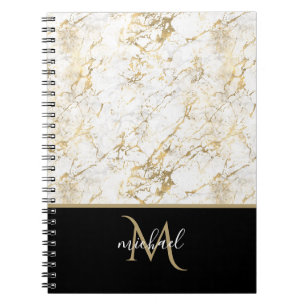 Goud & Witte Marmer met Zwarte Monogram Luxe Notitieboek