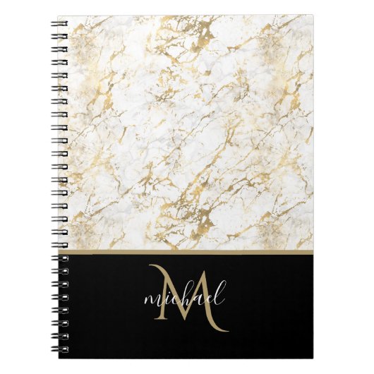 Goud & Witte Marmer met Zwarte Monogram Luxe Notitieboek (Voorkant)