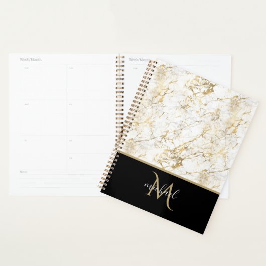 Goud & Witte Marmer met Zwarte Monogram Luxe Planner (Display)