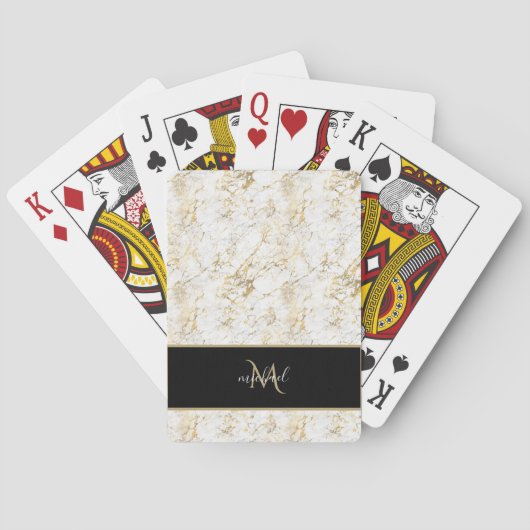 Goud & Witte Marmer met Zwarte Monogram Luxe Pokerkaarten (Achterkant)