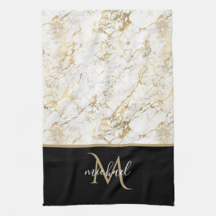 Goud & Witte Marmer met Zwarte Monogram Theedoek