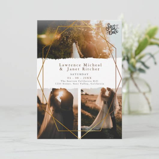 Goud witte minimalistische script 3 foto's trouwfe save the date (Staand voorkant)