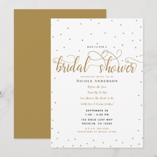 Goud & Witte Moderne Minimalistische Script Bruids Kaart (Voorkant / Achterkant)