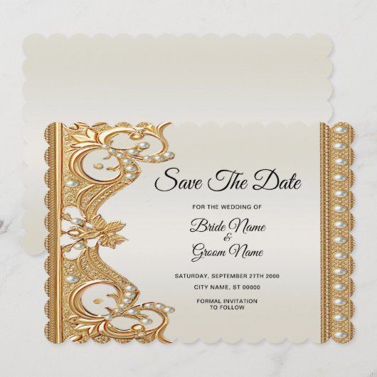 Goud  witte parels Bewaar de datum Kaart (Voorkant / Achterkant)