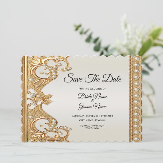 Goud  witte parels Bewaar de datum Kaart (Staand voorkant)