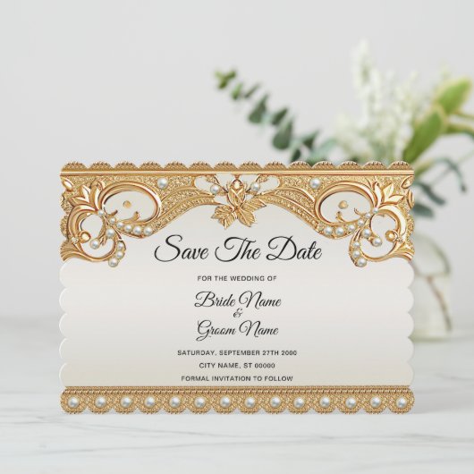 Goud  witte parels Bewaar de datum Kaart (Staand voorkant)