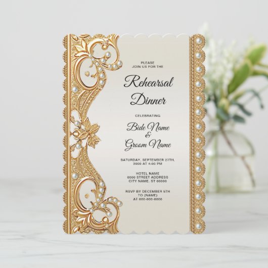 Goud  Witte Parels Repetitie Diner Kaart (Staand voorkant)