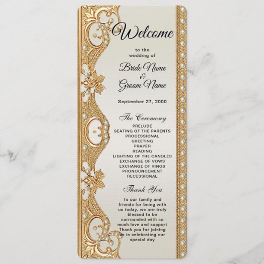 Goud  Witte Parels Trouwprogramma Programmakaart (Voorkant)