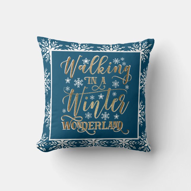 Goud Witte Sneeuwvlokken Marineblauw Kerstvakantie Kussen (Voorkant)