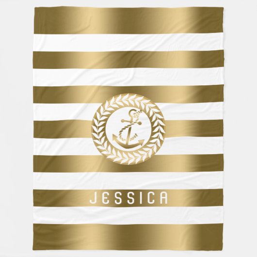 Goud & witte strepen met gouden nautische anker fleece deken (Voorkant)