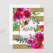 Goud Witte Strepen Vet Glam Bloemen Botanische RSV Uitnodiging Briefkaart (Voorkant / Achterkant)