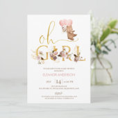 Goud Woord Blush Bloemen Teddybeer Baby shower Kaart (Staand voorkant)