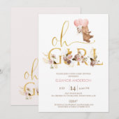 Goud Woord Blush Bloemen Teddybeer Baby shower Kaart (Voorkant / Achterkant)