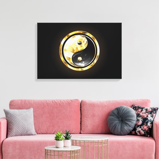 Goud Yin Yang op zwart Canvas Afdruk (Insitu (Woonkamer))