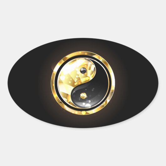 Goud Yin Yang op zwart Ovale Sticker (Voorkant)