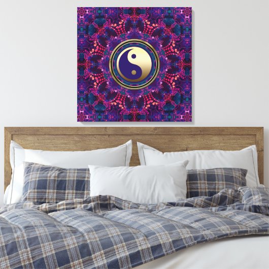 Goud Yin Yang Paarse Indigo Ocho Energy Mandala Canvas Afdruk (Insitu (Slaapkamer))