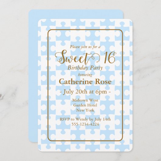 Goud Zacht Blauw Wit Puzzel Geruit Zoet 16 Kaart (Voorkant / Achterkant)