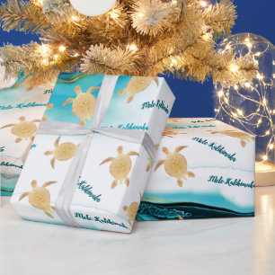 Goud Zee Turtles Ink Turquoise   Mele Kalikimaka Cadeaupapier